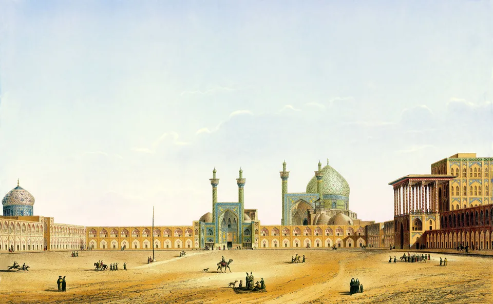 The Naqsh-e Jahan Square in Isfahan, centre of Abbas I’s new capital, drawn by Pascal Coste in the 19th century
