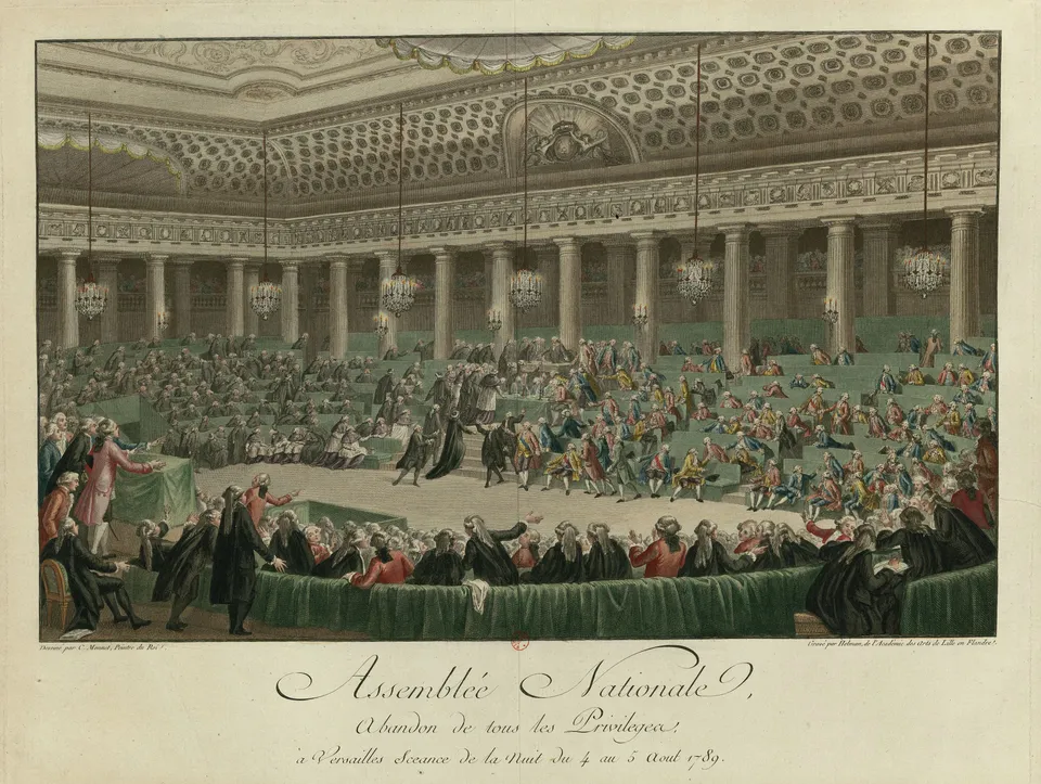 The National Assembly at Versailles renouncing all privileges, night of 4–5 August 1789 — engraving by Isidore Helman after Charles Monnet, c. 1789