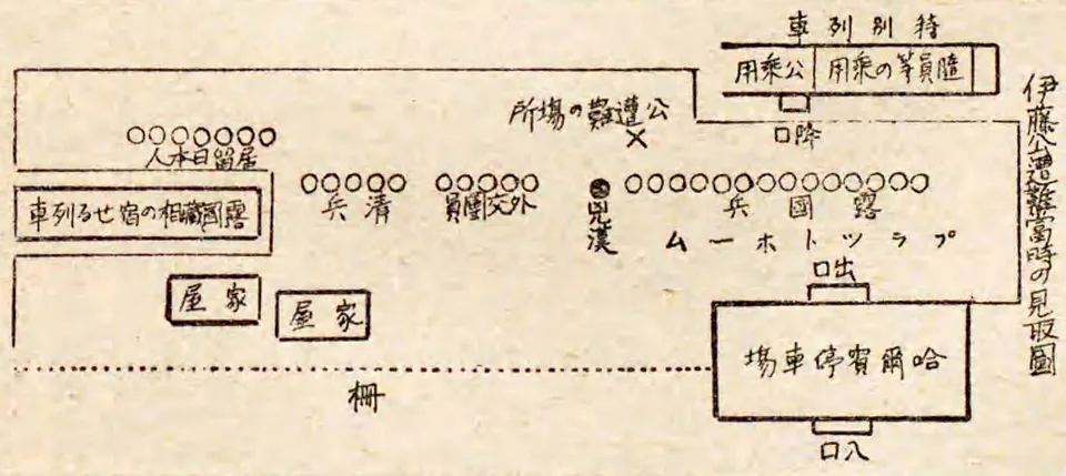 이토 히로부미 저격 현장 그림 — 1909년 11월 4일 호치 신문