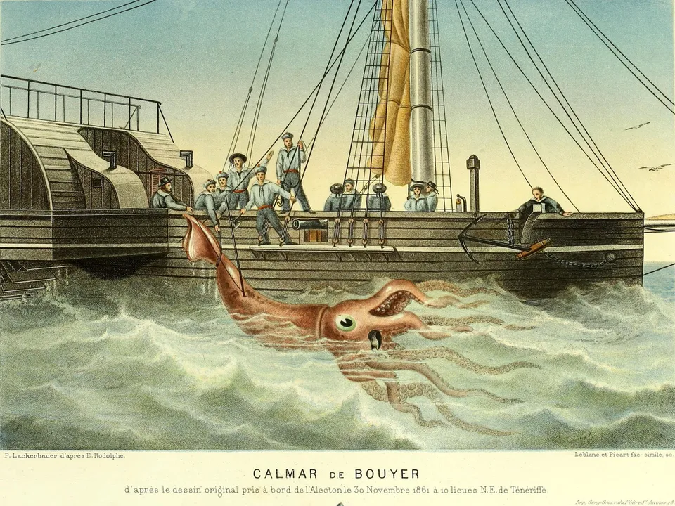The Alecton trying to haul in a giant squid (30 November 1861) — engraving, 1865