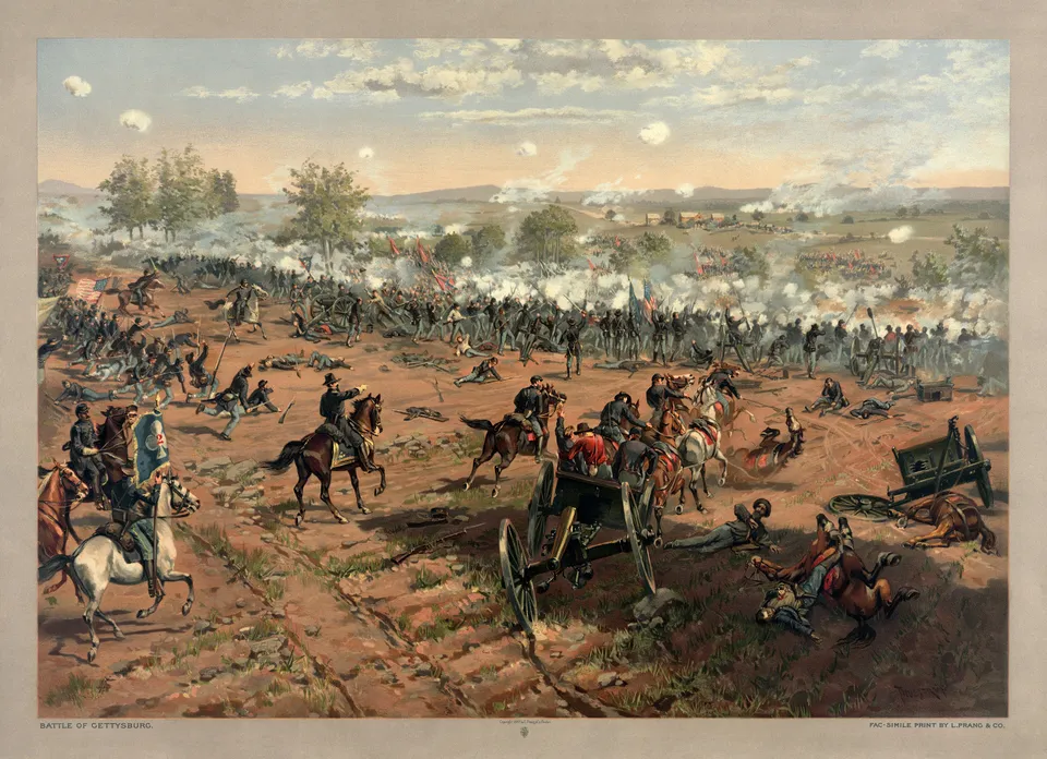 게티즈버그 전투(1863년 7월) — 투레 데 툴스트루프의 그림을 담은 프랭 사의 석판화