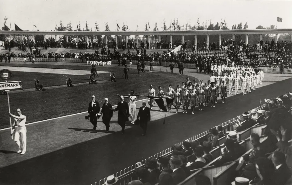 The Danish team marches in at the opening of the 1920 Antwerp Olympics