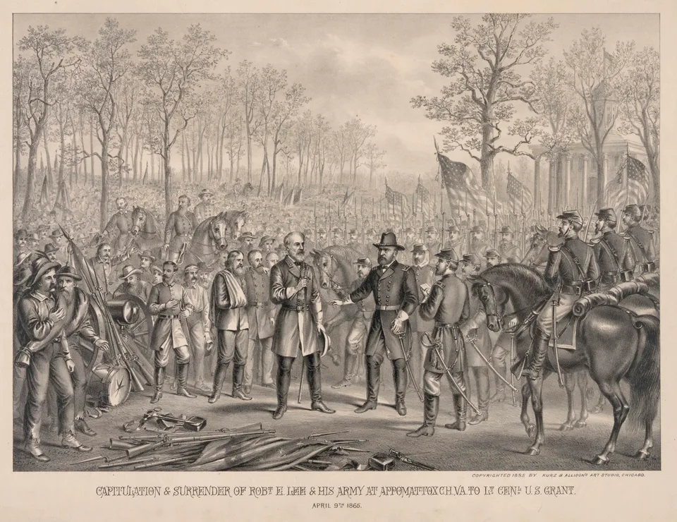 애퍼매톡스에서 그랜트에게 항복하는 리 — 커츠 앤드 앨리슨 석판화, 1885년 무렵, 미국 의회 도서관