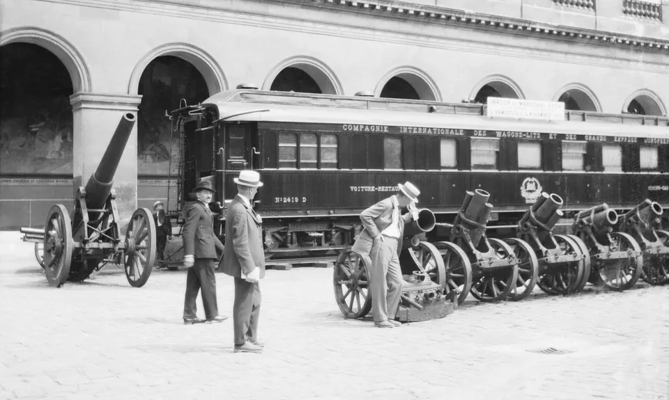 Foch’s railway carriage, in which the armistice was signed, on display at the Invalides in Paris in the 1920s