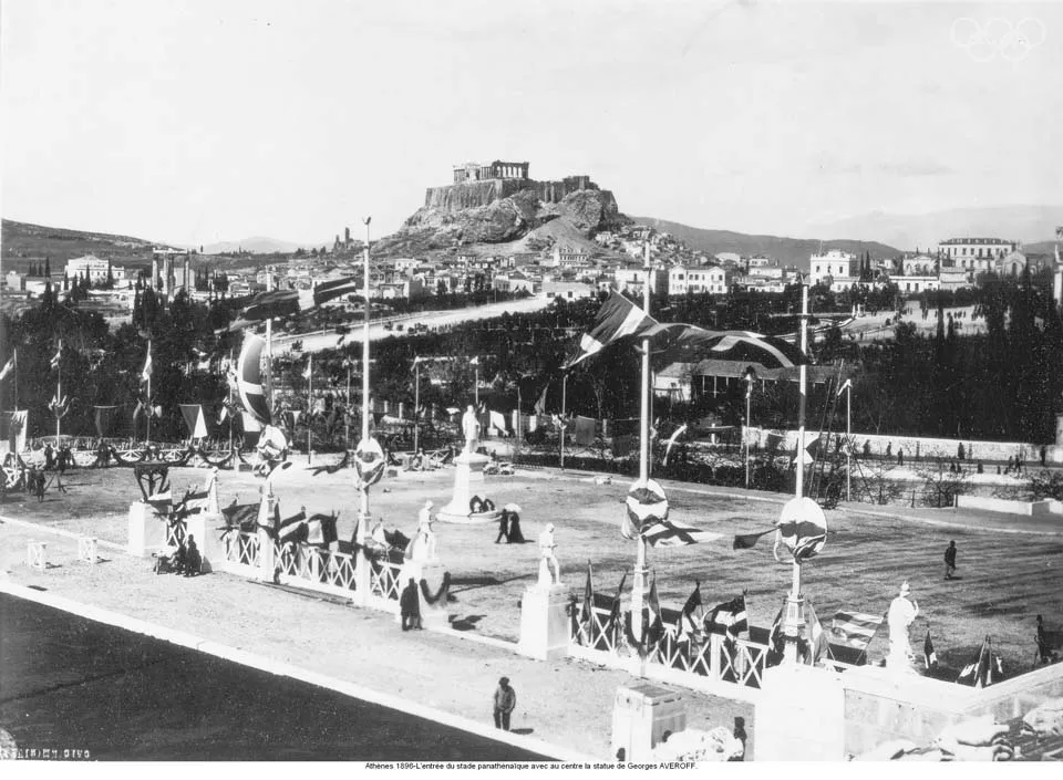 Entrance to the Panathenaic Stadium with the statue of Georgios Averoff, who funded the 1896 Games; the Acropolis behind