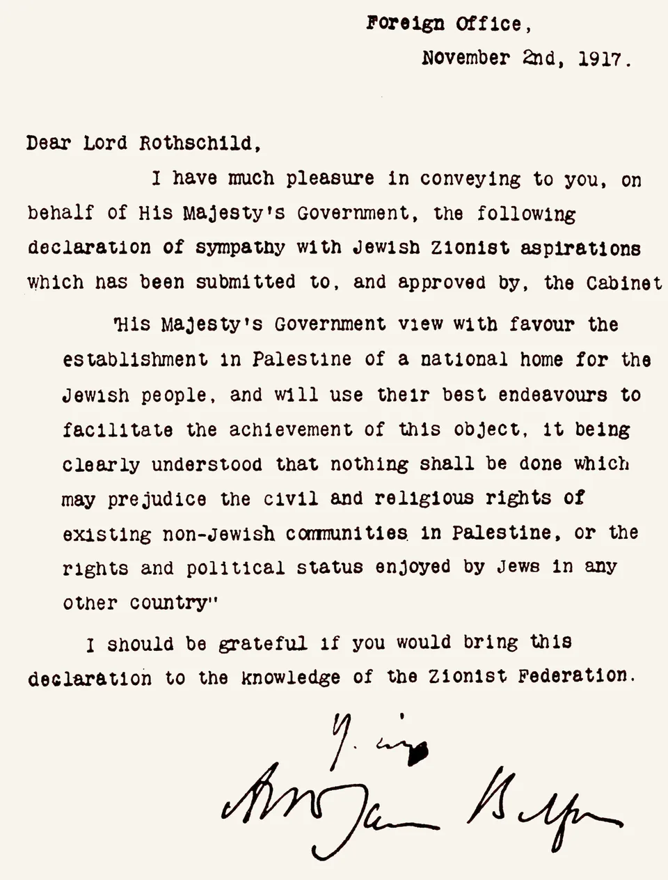 Balfour’s letter to Lord Rothschild (the Balfour Declaration), 2 November 1917