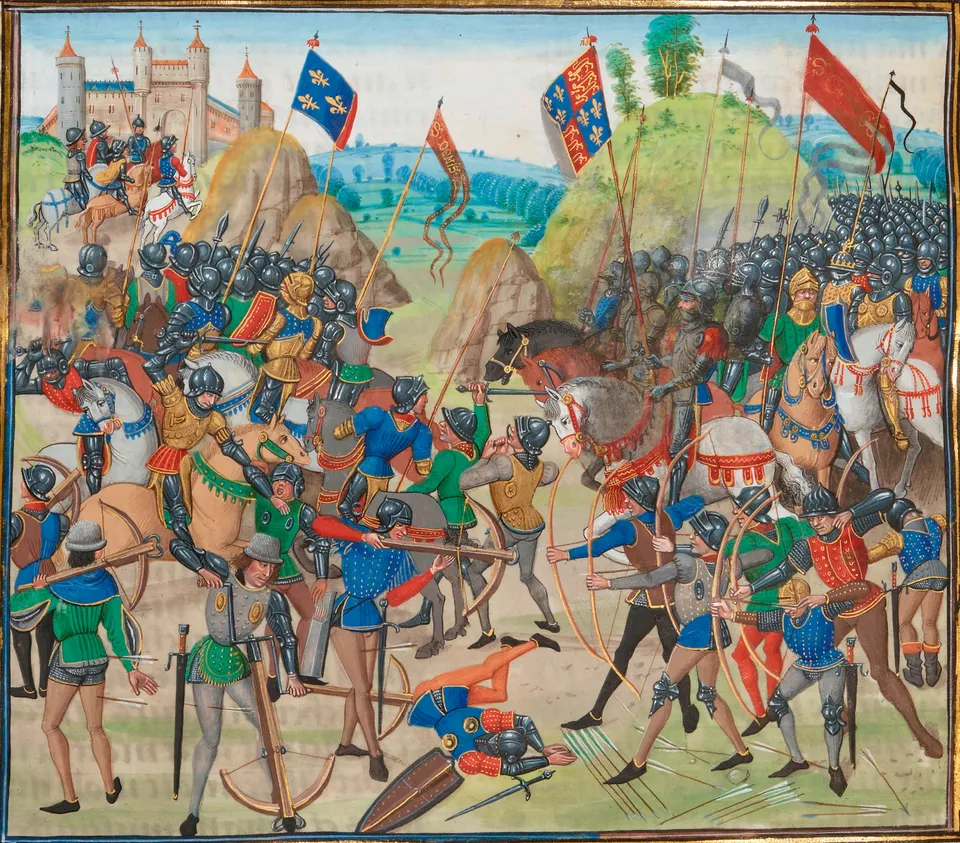 The Battle of Crécy — English longbowmen (right) against Genoese crossbowmen (left), miniature in Froissart’s Chronicles, 15th century