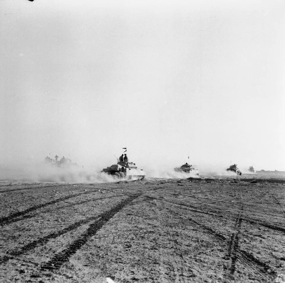 British tanks move up to engage the German armour after the infantry cleared gaps in the minefield, El Alamein, 24 October 1942
