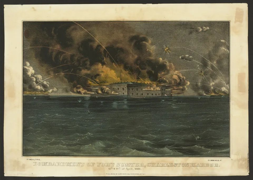 Bombardment of Fort Sumter, 12–13 April 1861 — Currier & Ives hand-coloured lithograph, 1861, Library of Congress