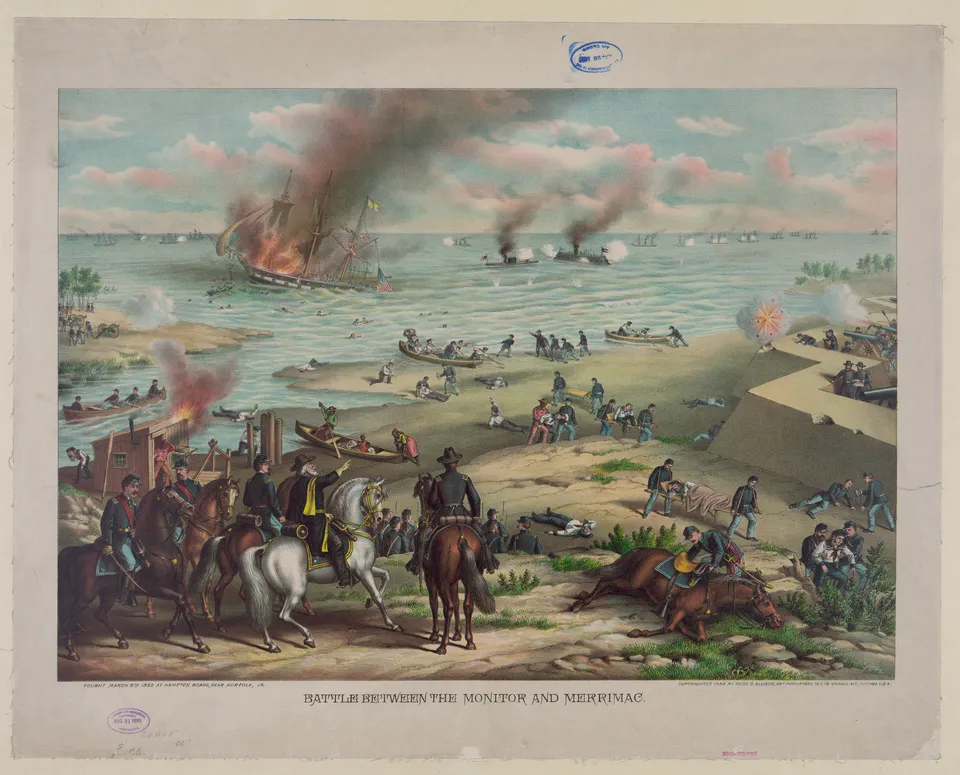 모니터호와 메리맥호(버지니아호)의 해전, 1862년 3월 9일 — 커츠 앤드 앨리슨 다색 석판화, 1889년, 미국 의회 도서관