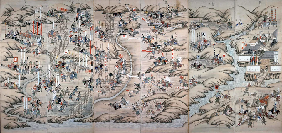 「나가시노 합전도 병풍」 — 목책 뒤의 오다·도쿠가와 조총대와 돌격하는 다케다 군, 작자 미상, 에도 시대 후기, 나가하마성 역사 박물관
