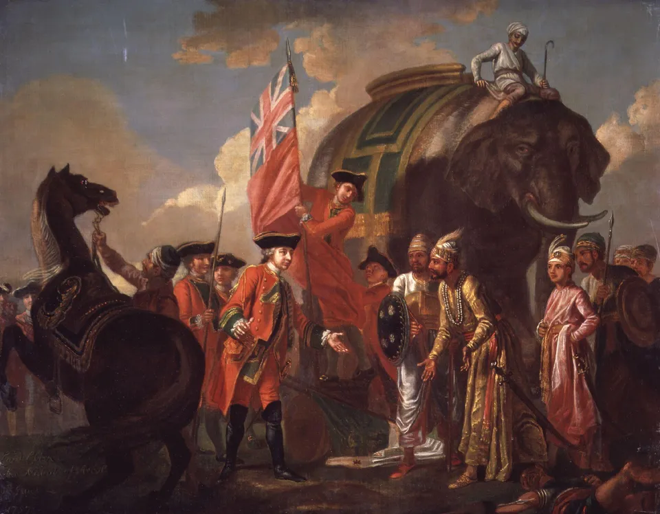 Clive and Mir Jafar after the Battle of Plassey, painted by Francis Hayman (c. 1760)