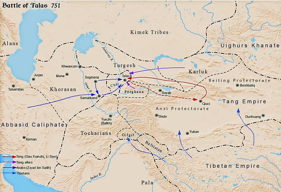 The Battle of Talas (751): routes of Gao Xianzhi’s Tang army (red) and the Abbasid army (blue)