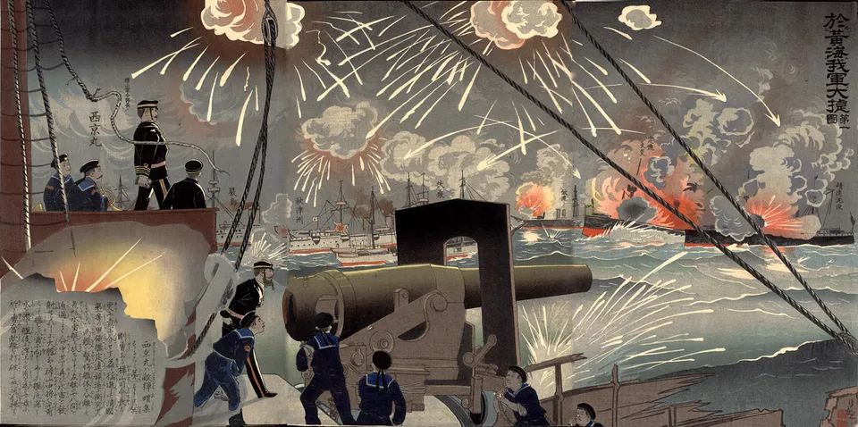 The Battle of the Yalu (Yellow Sea) — woodblock print by Korechika, 1894