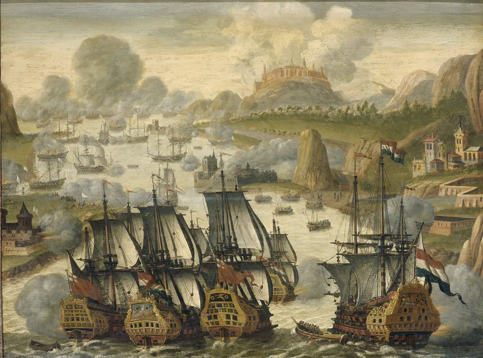 The Battle of Vigo Bay — the Anglo-Dutch fleet breaks the boom (c. 1705, Rijksmuseum)