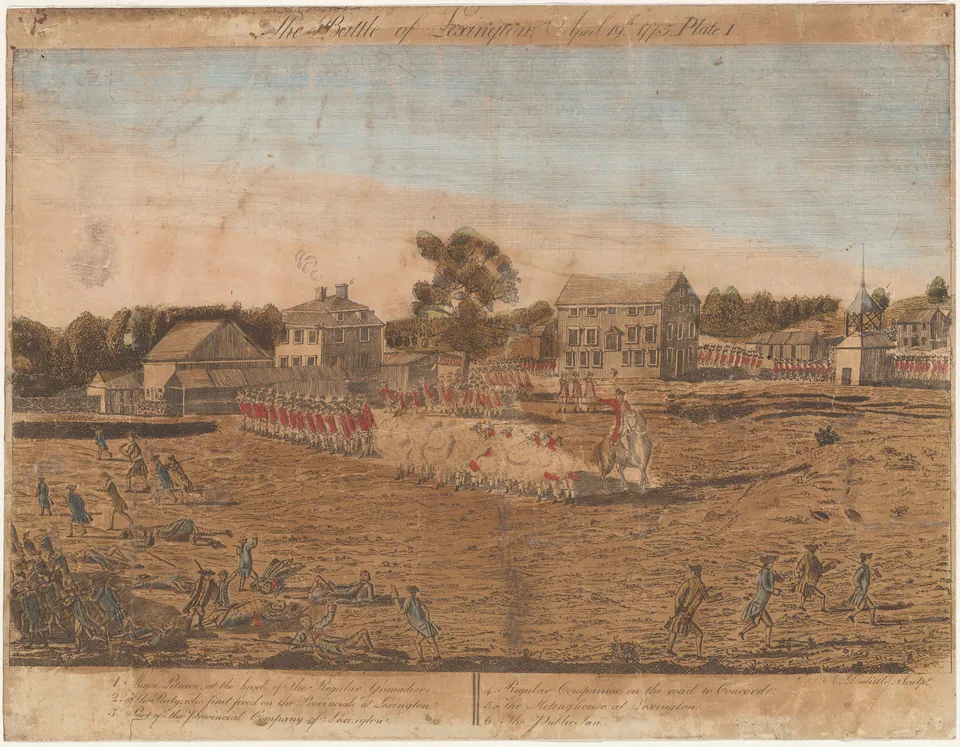The first shots on Lexington Green — engraving by Amos Doolittle later in 1775 (New York Public Library)