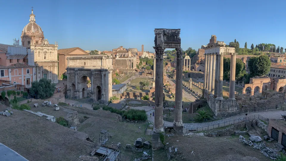 The Roman Forum looking east from the Capitoline — the Palatine Hill is on the right