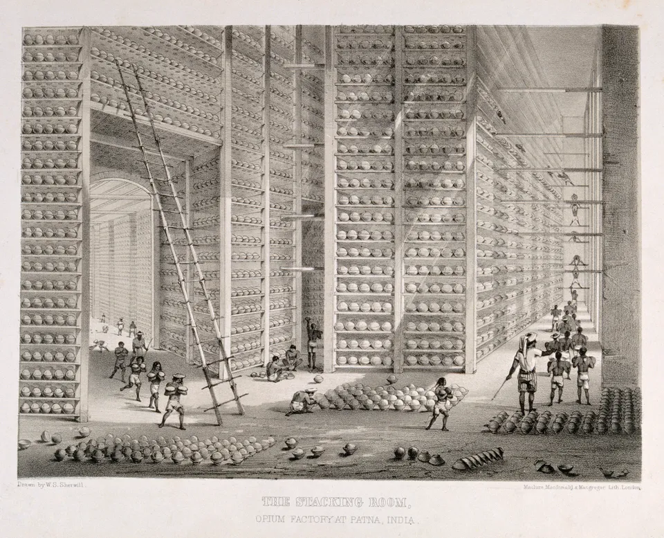 A stacking room in the opium factory at Patna, India — lithograph, 1850s