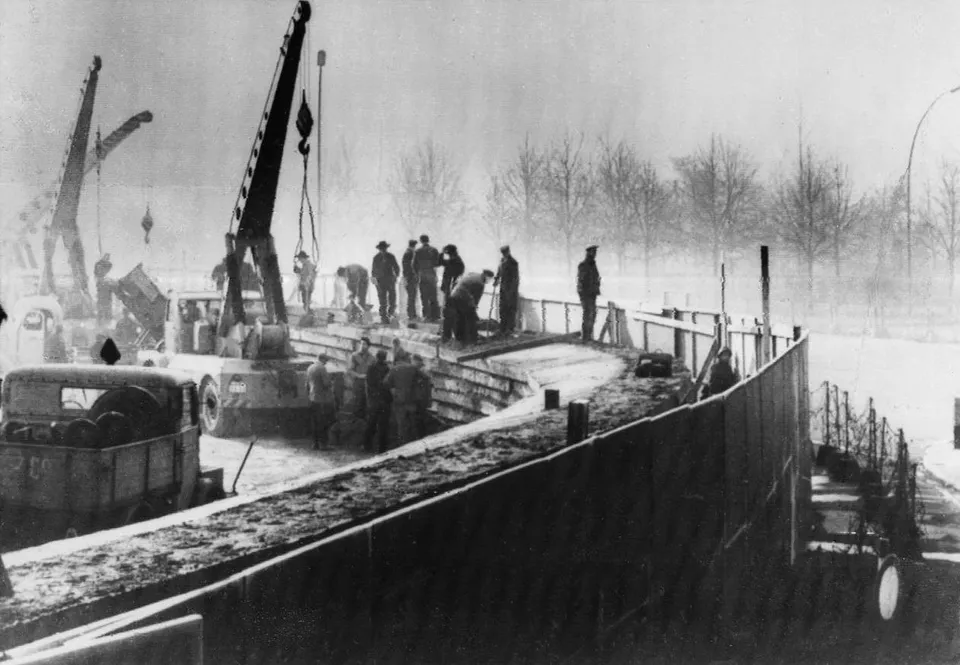 East German construction workers building the Berlin Wall, 20 November 1961