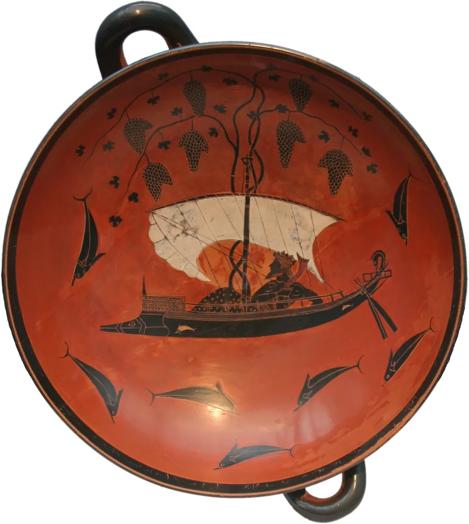 Exekias, Dionysus sailing among dolphins, with vines growing from the mast — Athenian black-figure cup, c. 530 BC, Staatliche Antikensammlungen, Munich