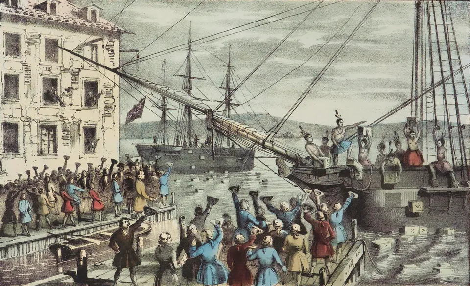 Colonists throwing tea into Boston Harbor, a lithograph by Nathaniel Currier (1846)
