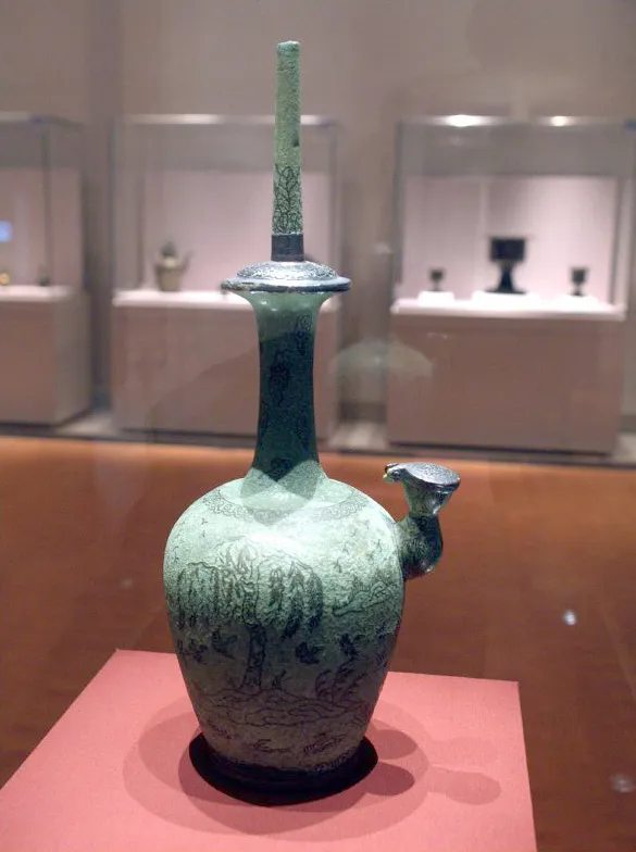 Bronze kundika inlaid with silver willows and waterfowl — National Museum of Korea