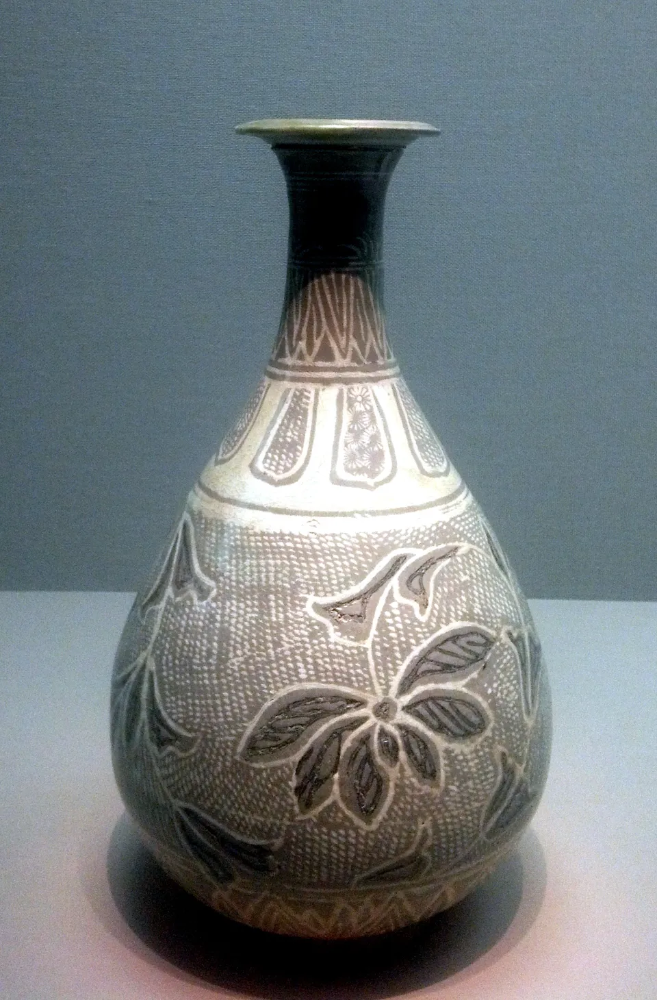Buncheong bottle with inlaid lotus scroll design — 15th century, National Museum of Korea