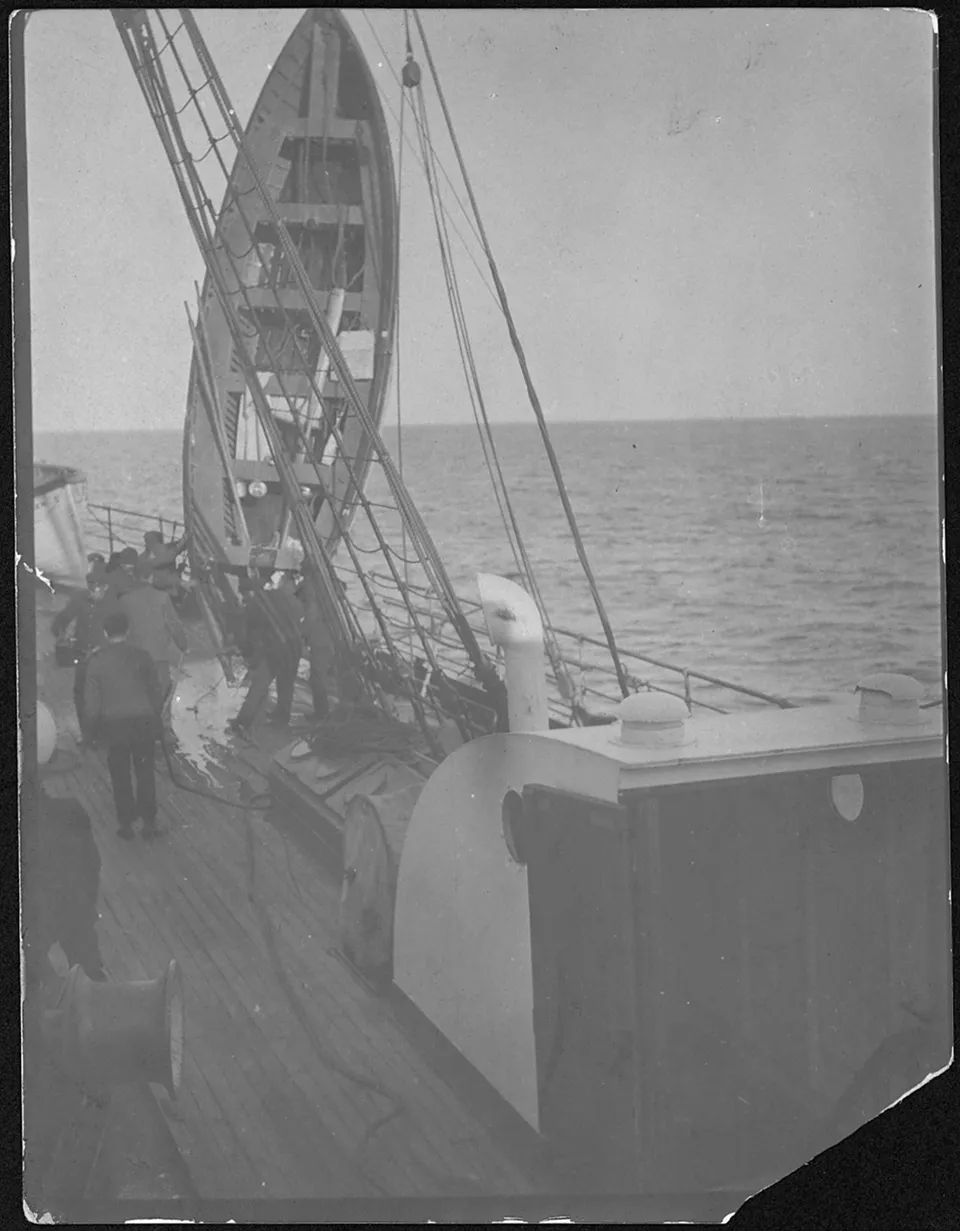 A Titanic lifeboat being hoisted aboard Carpathia, 15 April 1912