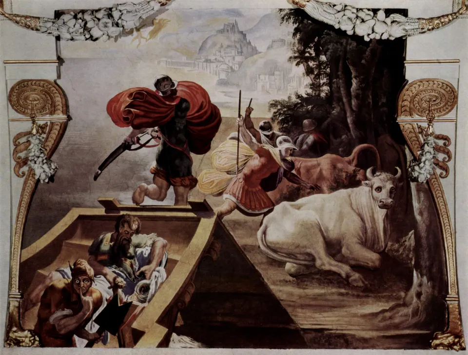 The companions of Odysseus rob the cattle of Helios — fresco by Pellegrino Tibaldi, 16th century, Palazzo Poggi, Bologna