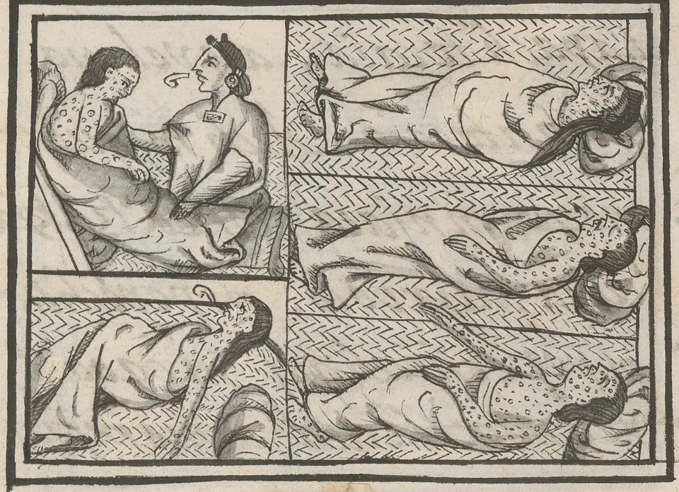 1520년 천연두에 걸린 아스테카 사람들 — 『피렌체 코덱스』 12권, 1577년