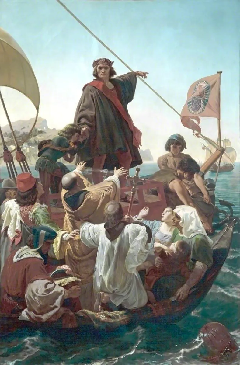 「1492년 팔로스를 떠나는 콜럼버스」 — 에마누엘 로이체 그림, 19세기
