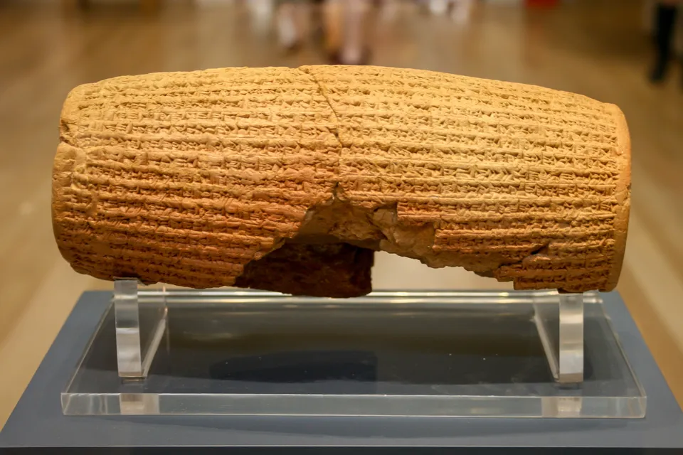 The Cyrus Cylinder, recording the return of deported peoples to their homelands, c. 539 BCE, British Museum