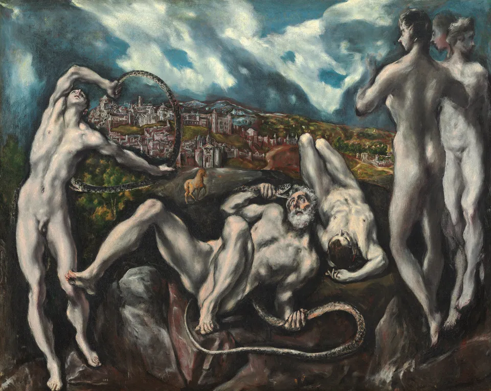 El Greco, Laocoön, c. 1610–1614 — National Gallery of Art, Washington; Toledo stands in for Troy behind, and the horse heads for the gate