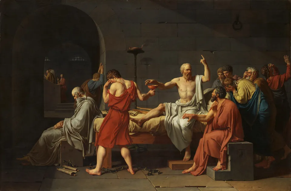 The Death of Socrates — Socrates speaks to his disciples of the soul’s immortality as he takes the hemlock; Jacques-Louis David, 1787