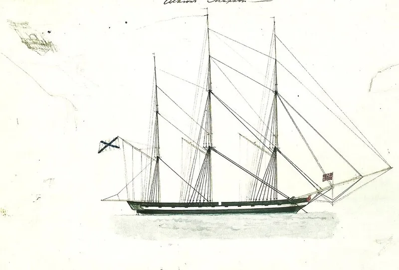 얼음 사이의 미르니호 — 탐험대 화가 파벨 미하일로프 그림 (1820)