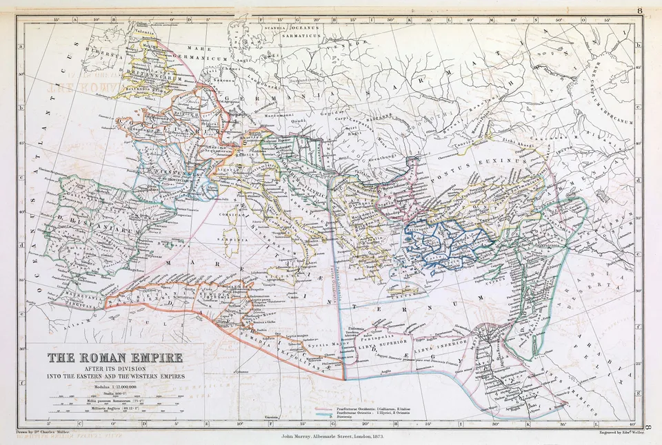The Roman Empire divided into East and West after the death of Theodosius in 395