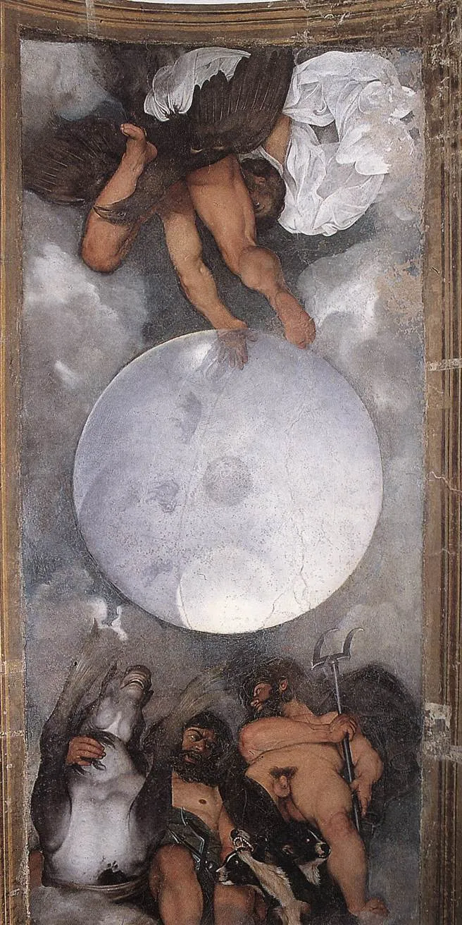 Caravaggio, Jupiter, Neptune and Pluto, c. 1597 — ceiling painting in the Casino dell’Aurora of the Villa Ludovisi, Rome; the three brother gods surround a globe of the world
