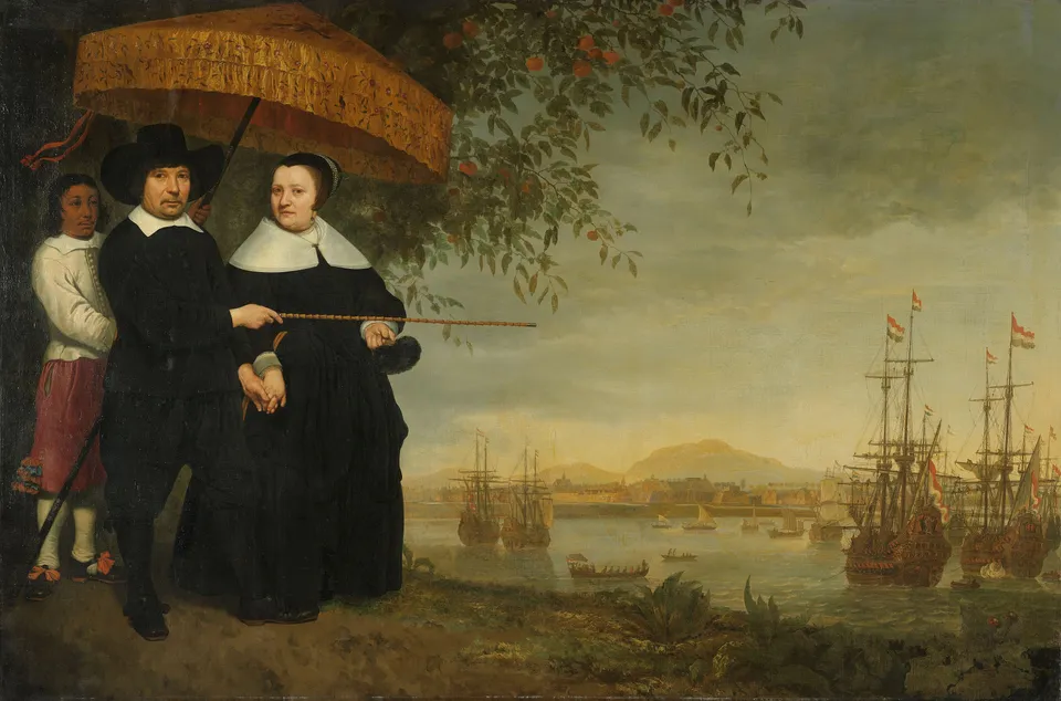 A senior merchant of the VOC and his wife, with the return fleet in the roads of Batavia — painting by Aelbert Cuyp, c. 1640–1660