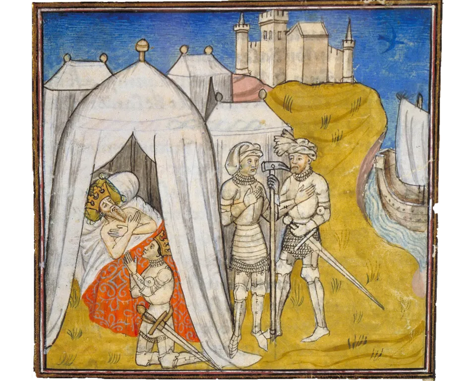 The death of Louis IX in the camp before Tunis — early 15th-century French manuscript miniature, Bibliothèque de Toulouse