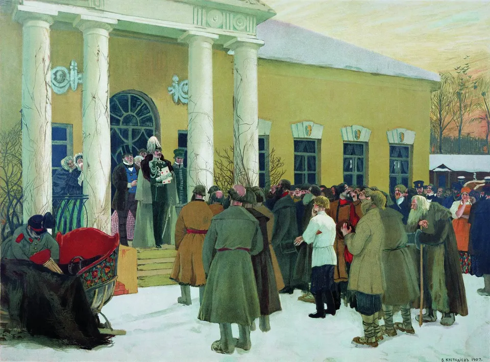 농노 해방령을 읽어 주는 장면 — 보리스 쿠스토디예프 그림, 1907년