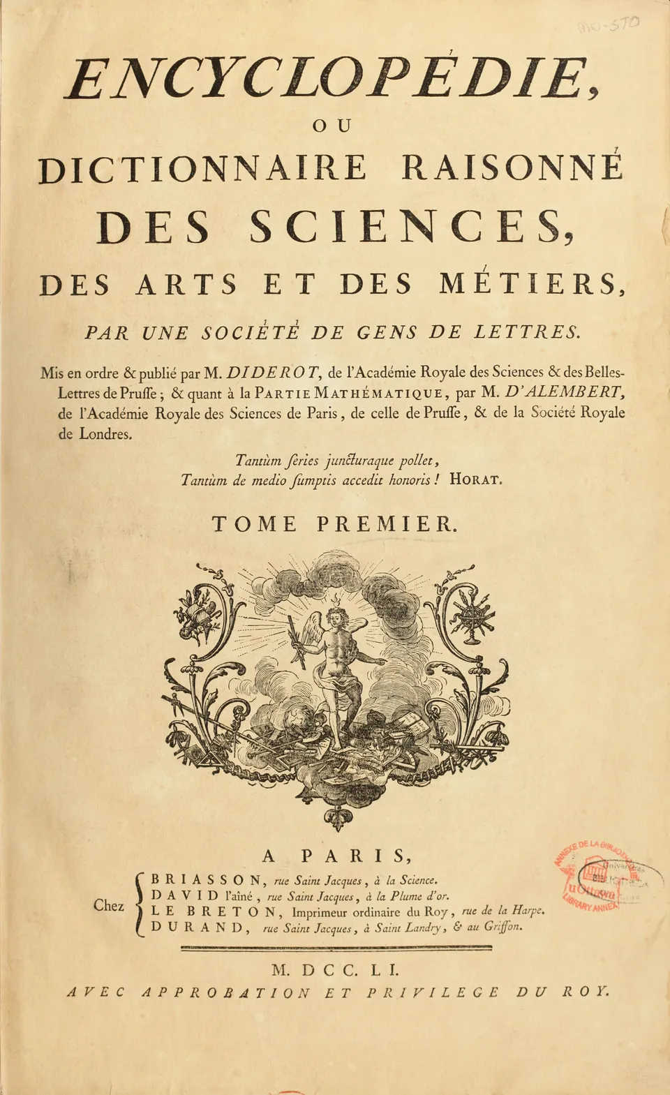 Title page of the first volume of the Encyclopédie (1751)