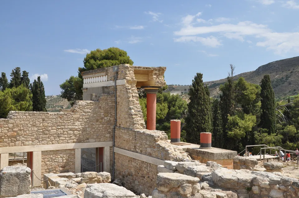 Around the north entrance of the palace of Knossos, showing parts rebuilt in concrete by Evans