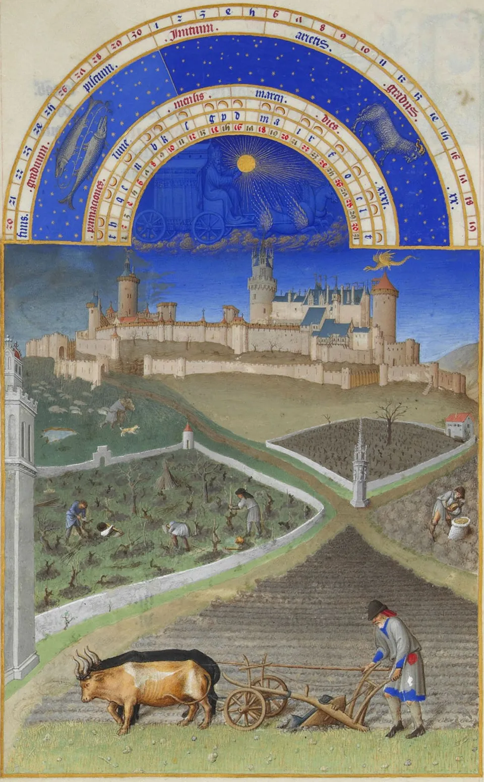 March from the Très Riches Heures du Duc de Berry — peasants plough and sow beneath the lord’s castle, Limbourg brothers, early 15th century
