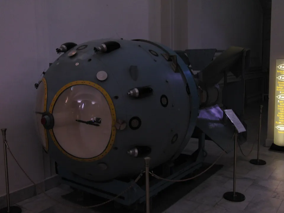 Casing of RDS-1, the first Soviet atomic bomb — Polytechnical Museum, Moscow