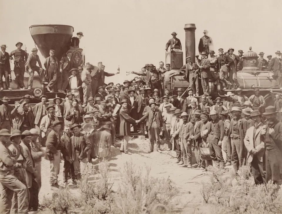 The locomotives of the two railroads meet at Promontory Summit, 10 May 1869 — photograph by Andrew J. Russell