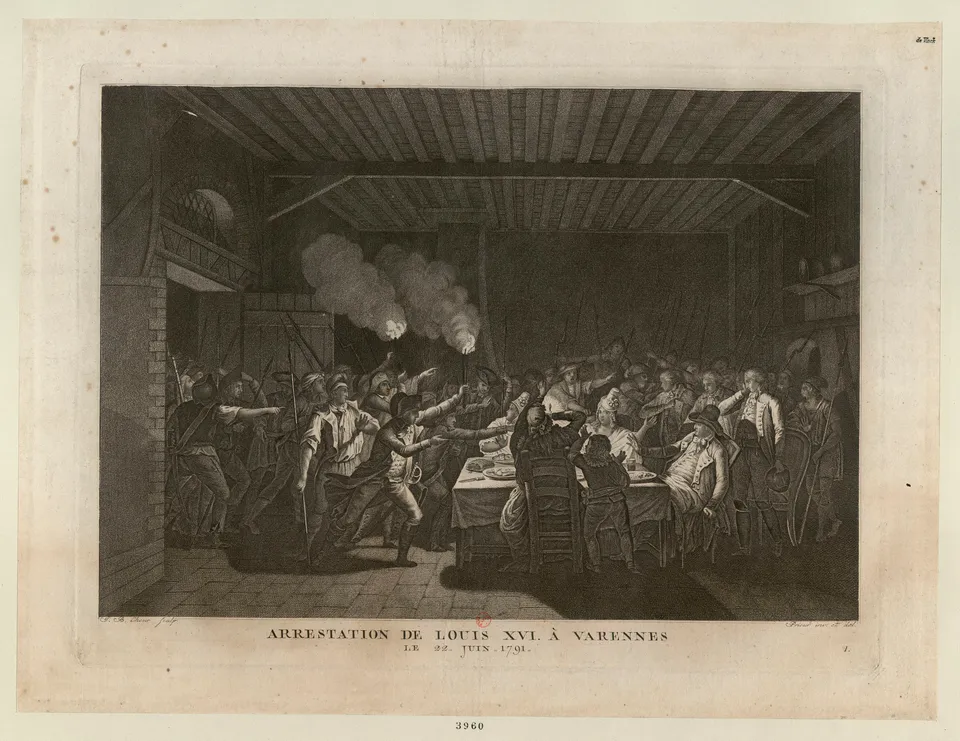 Louis XVI and his family arrested at Varennes — print after Jean-Louis Prieur, 1790s, Bibliothèque nationale de France