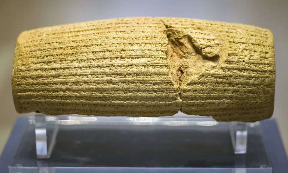 The Cyrus Cylinder, a clay cylinder in cuneiform recording the conquest of Babylon and the return of deportees — British Museum