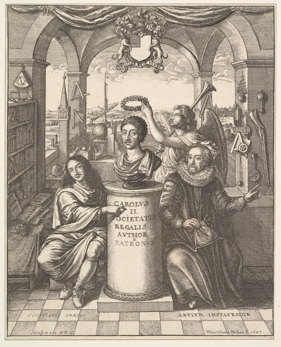 Frontispiece of Thomas Sprat’s History of the Royal Society (1667) — Francis Bacon and the first president, Lord Brouncker, beside a bust of Charles II