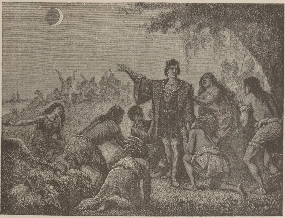 1504년 자메이카에서 월식을 예고하는 콜럼버스 — 카미유 플라마리옹 『대중 천문학』(1879) 삽화