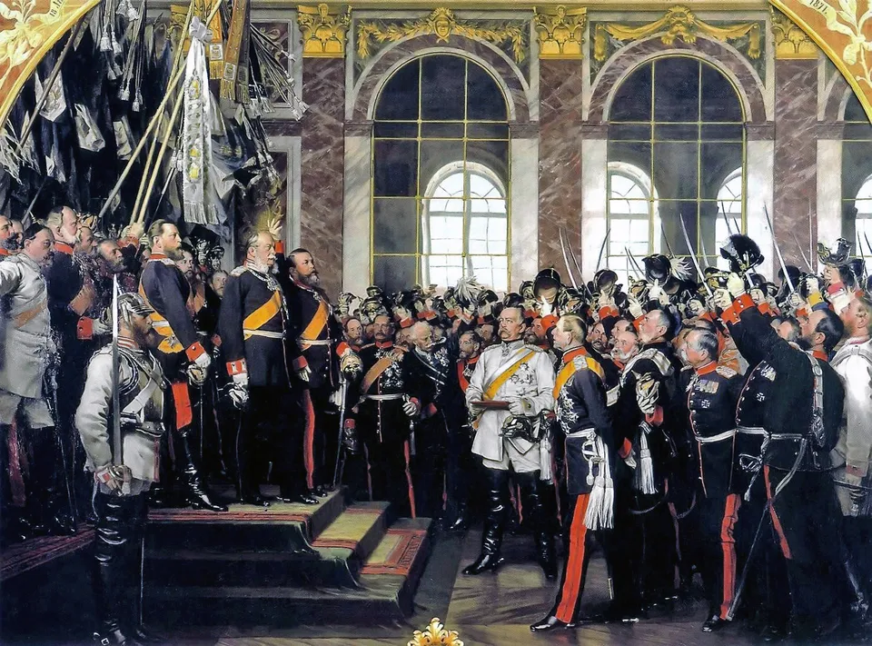 Proclamation of the German Emperor in the Hall of Mirrors at Versailles, 18 January 1871 — Bismarck in white at the centre, painting by Anton von Werner (1885)